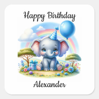Pegatina Cuadrada Elefante de Cumpleaños Adorable en Gorra Fiesta Az