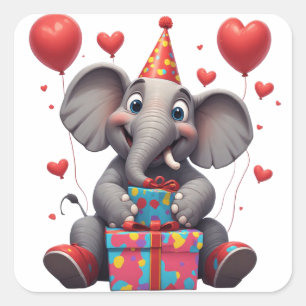 Pegatina Cuadrada Elefante de dibujos animados de cumpleaños con glo