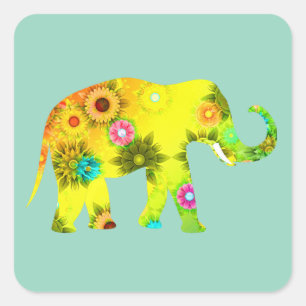 Pegatina Cuadrada Elefante de Dibujos Animados Flores Vibrantes Dive