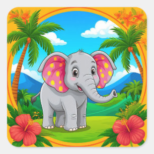 Pegatina Cuadrada 🐘 Elefante de dibujos animados lindo animal de la