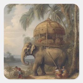 Pegatina Cuadrada Elefante de escena botánica vintage con howdah tam