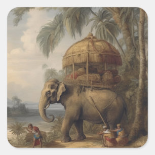 Pegatina Cuadrada Elefante de escena botánica vintage con howdah tam