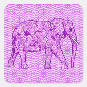 Pegatina Cuadrada elefante de flores - ametismo morado
