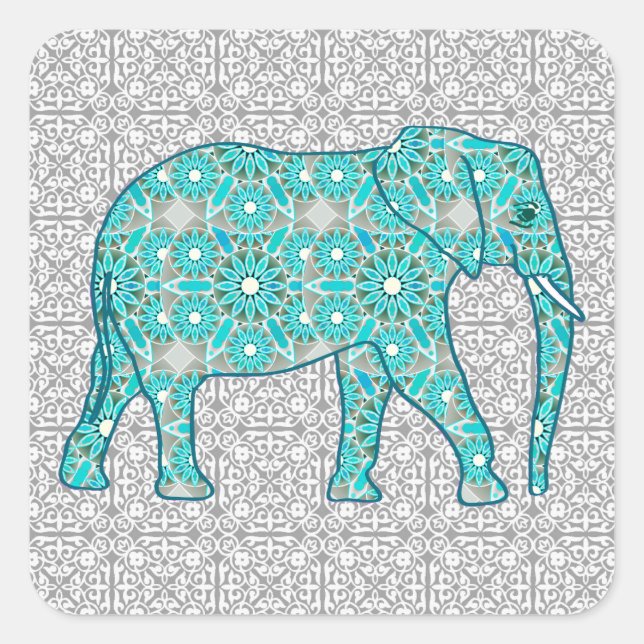 Pegatina Cuadrada Elefante de flores de Mandala - turquesa, gris y b (Anverso)