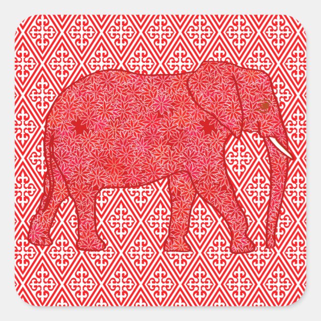 Pegatina Cuadrada elefante de flores - rojo profundo y coral (Anverso)