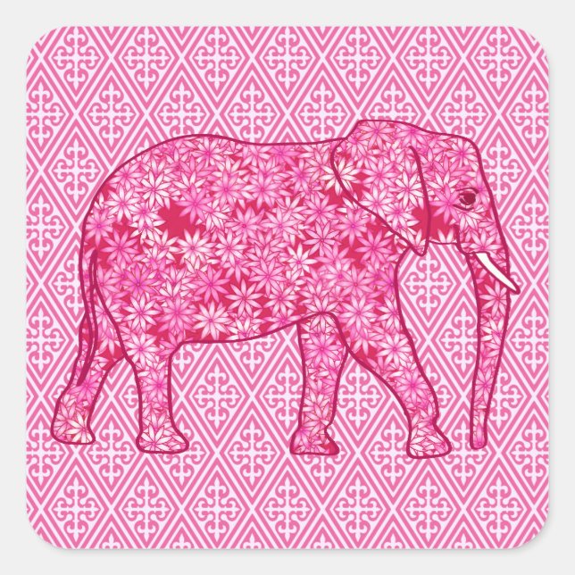 Pegatina Cuadrada Elefante de las flores - rosa fucsia (Anverso)
