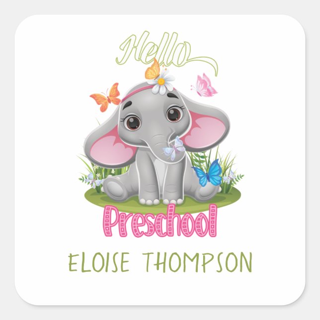 Pegatina Cuadrada Elefante de mariposa en la escuela (Anverso)