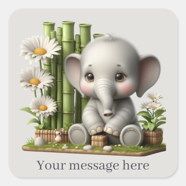 Pegatina Cuadrada elefante de niña linda añada un mensaje (Anverso)