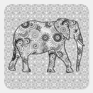 Pegatina Cuadrada elefante de remolino fractal - gris, negro y blanc