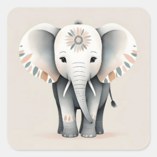 Pegatina Cuadrada Elefante Decorado con Estilo Boho minimalista
