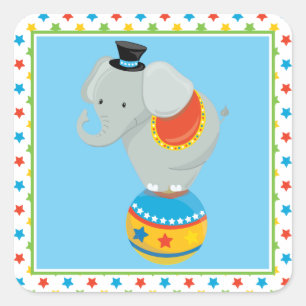 Pegatina Cuadrada Elefante En Bolas   Tema del circo