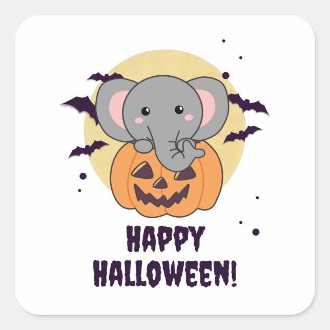 Pegatina Cuadrada Elefante en Calabaza Cute Elefante Feliz Halloween (Anverso)
