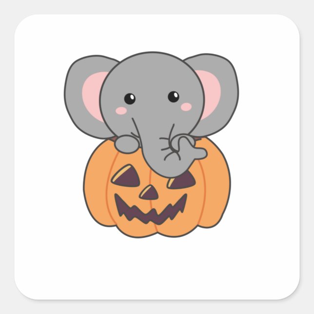 Pegatina Cuadrada Elefante en Calabaza Cute Elefante Feliz Halloween (Anverso)
