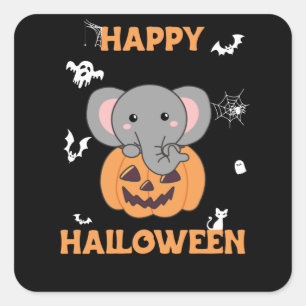 Pegatina Cuadrada Elefante en Calabaza Cute Elefante Feliz Halloween