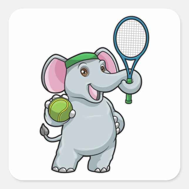 Pegatina Cuadrada Elefante en el tenis con raqueta de tenis (Anverso)