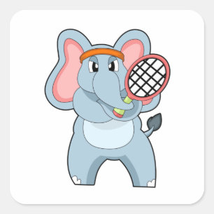 Pegatina Cuadrada Elefante en el tenis con raqueta de tenis
