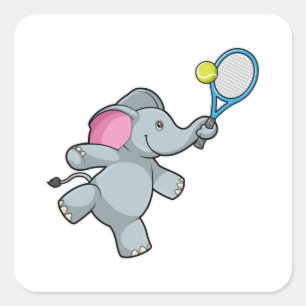 Pegatina Cuadrada Elefante en el tenis con raqueta de tenis