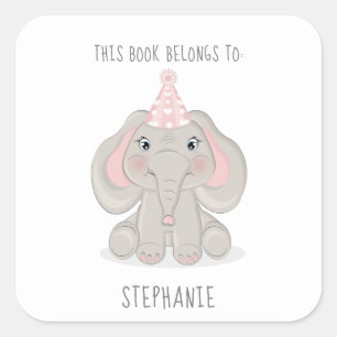 Pegatina Cuadrada Elefante en Gorra Fiesta Este libro pertenece a