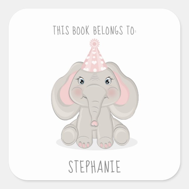 Pegatina Cuadrada Elefante en Gorra Fiesta Este libro pertenece a (Anverso)