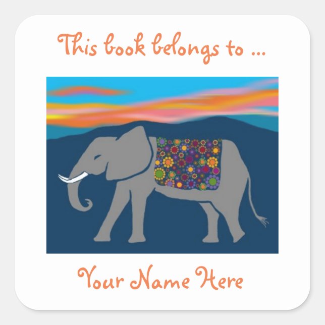 Pegatina Cuadrada Elefante en los Pegatinas del Dusk Ex Libris Bookp (Anverso)