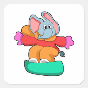 Pegatina Cuadrada Elefante en Snowboard con Snowboard