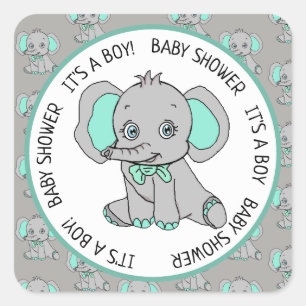 Pegatina Cuadrada Elefante, es un chico, Baby Shower
