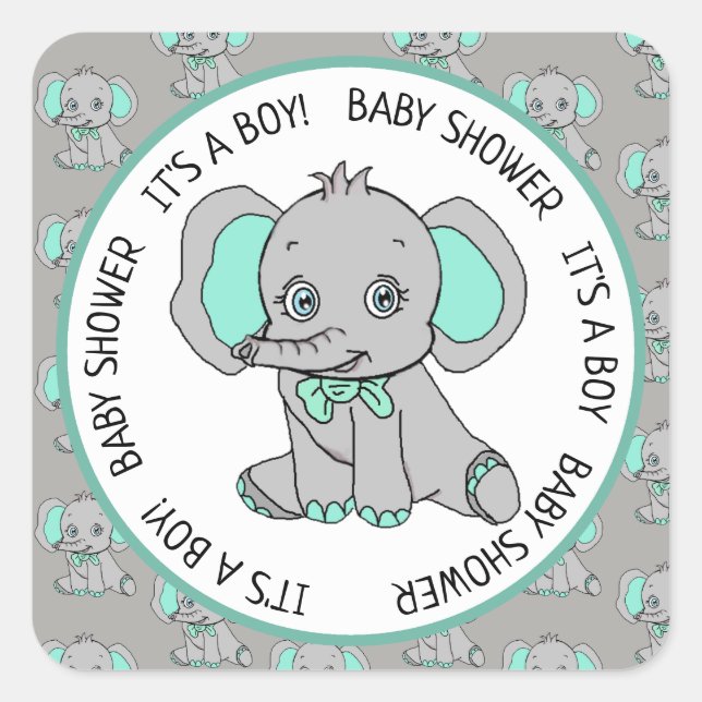 Pegatina Cuadrada Elefante, es un chico, Baby Shower (Anverso)