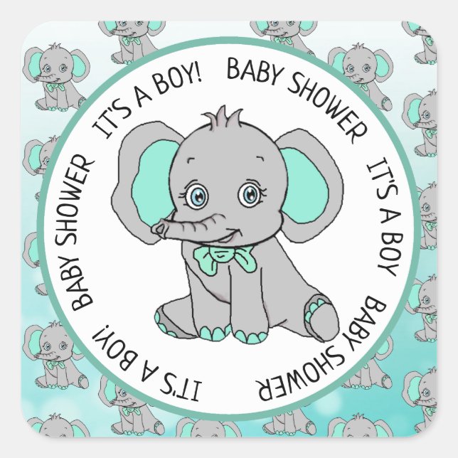 Pegatina Cuadrada Elefante, es un chico, Baby Shower (Anverso)
