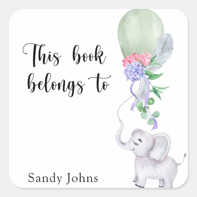 Pegatina Cuadrada Elefante - Este libro pertenece a (Anverso)