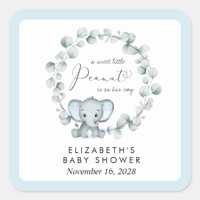 Pegatina Cuadrada Elefante Eucalyptus Baby Boy Shower (Anverso)