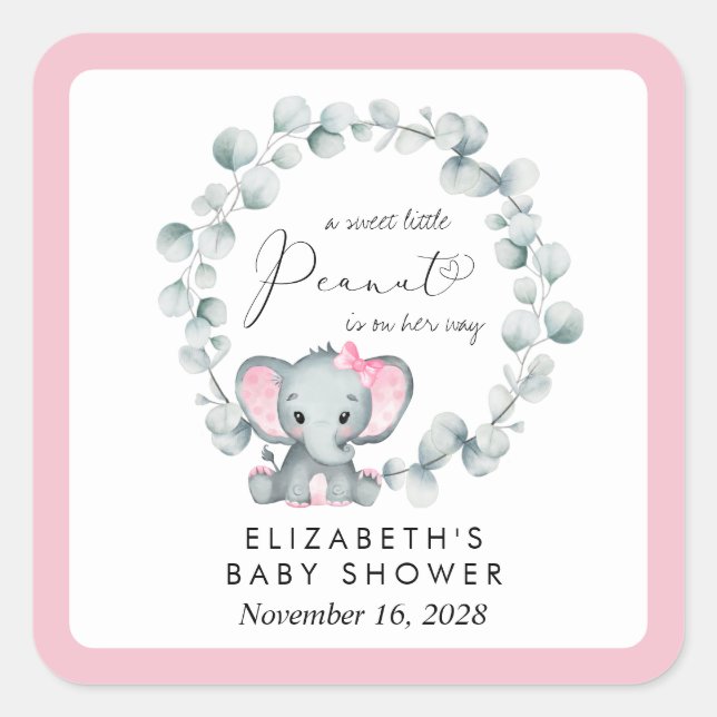 Pegatina Cuadrada Elefante Eucalyptus Baby Girl Shower (Anverso)