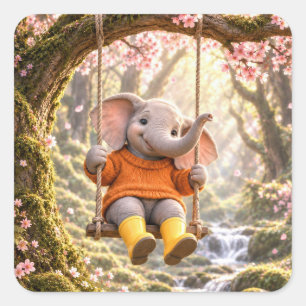 Pegatina Cuadrada Elefante Feliz en Columpio de Cerezo