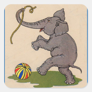 Pegatina Cuadrada elefante feliz jugando con cuerda y bola