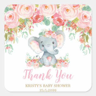 Pegatina Cuadrada Elefante floral rosa Baby Shower Chicas favoritos