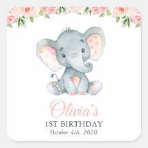 Elefante, flores de acuarela rosadas, primer cumpl