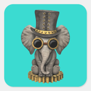 Pegatina Cuadrada Elefante lindo Cub del bebé de Steampunk