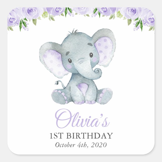 Pegatina Cuadrada Elefante lindo, flores moradas, primer cumpleaños (Anverso)