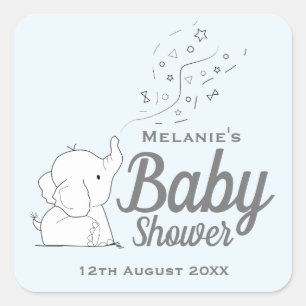 Pegatina Cuadrada Elefante lindo y Baby Shower azul confetti
