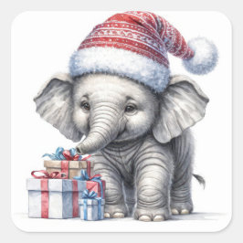 Pegatina Cuadrada Elefante navidad con regalos de vacaciones