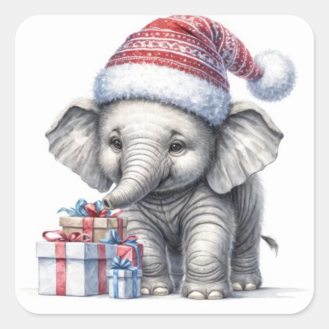 Pegatina Cuadrada Elefante navidad con regalos de vacaciones (Anverso)