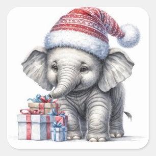 Pegatina Cuadrada Elefante navidad con regalos de vacaciones