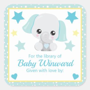 Pegatina Cuadrada Elefante niño con estrellas Ex libris