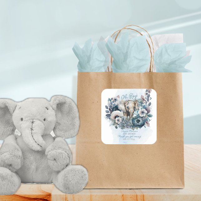 Pegatina Cuadrada Elefante Oh Boy Blue Floral Baby Shower (Subido por el creador)