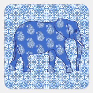 Pegatina Cuadrada Elefante paisley - azul cobalto y blanco