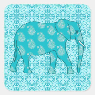 Pegatina Cuadrada Elefante paisley - turquesa y aqua