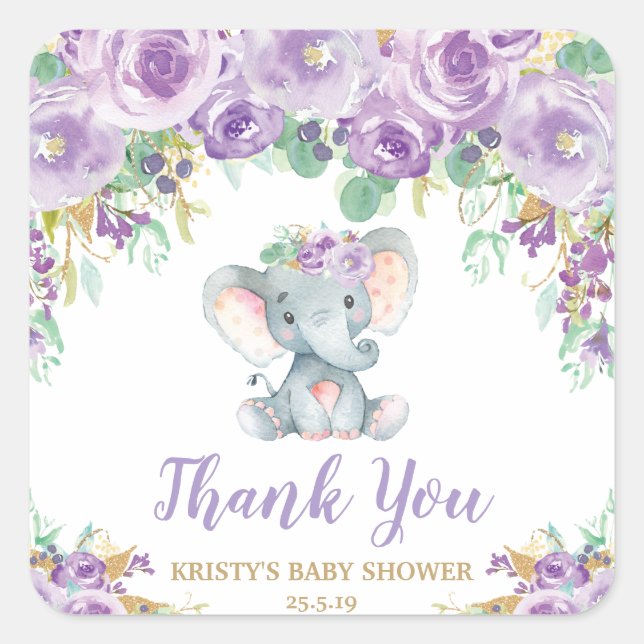 Pegatina Cuadrada Elefante Purple Floral Baby Shower Gracias Por Fav (Anverso)