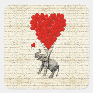 Pegatina Cuadrada Elefante romántico y globos cardíacos