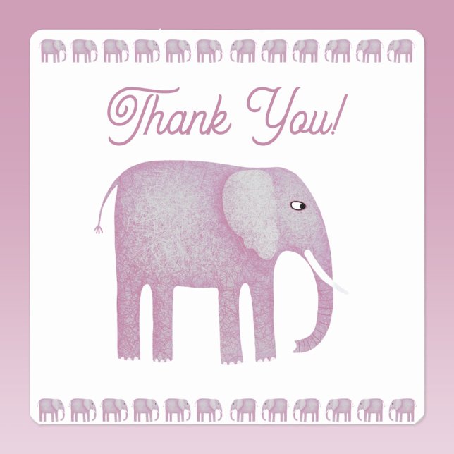 Pegatina Cuadrada Elefante Rosa Gracias (Pink elephant watercolor thank you sticker)