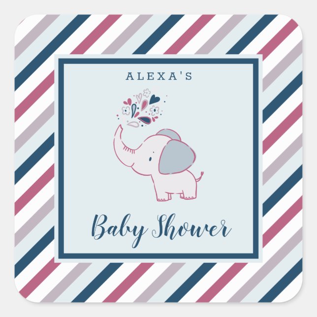 Pegatina Cuadrada Elefante rosa y naval y franjas Baby Shower Favor (Anverso)