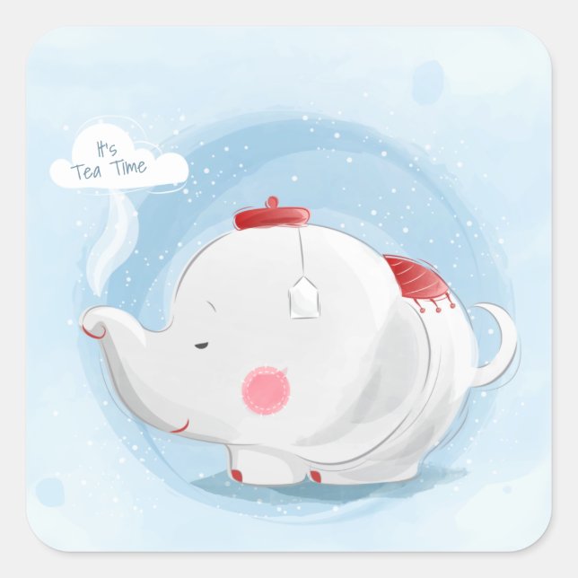 Pegatina Cuadrada Elefante teacup de acuarela personalizada (Anverso)